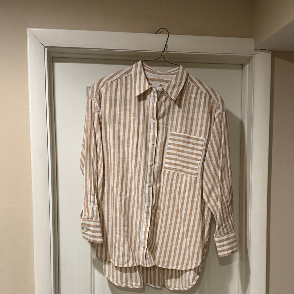 Anthropologie Beige and White Striped Button-Down Shirt
